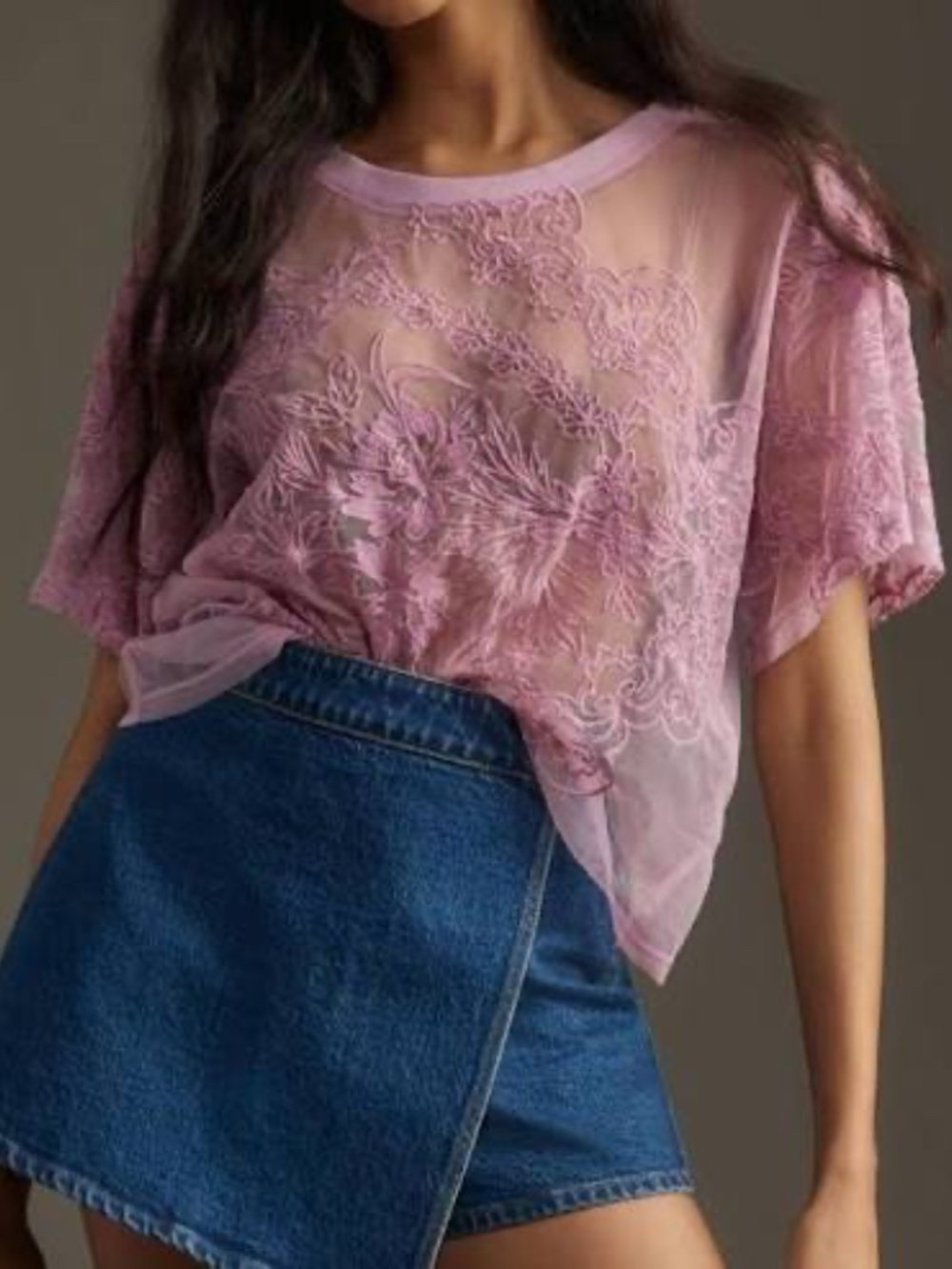 Anthropologie Women's Embroidered Sheer Lace Lavender Short Sleeve Top- XS - Picture 2 of 8